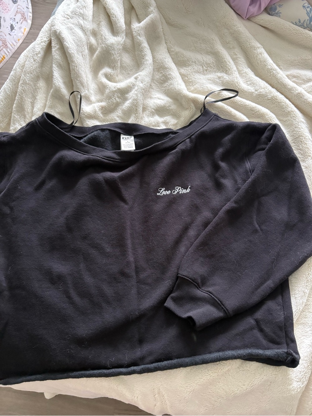 Love Pink Black Cropped off the Shoulser Sweatshirt